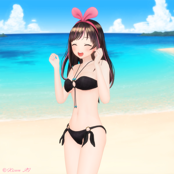 1girl 3d a.i._channel beach bikini black_bikini black_hair blush closed_eyes cowboy_shot hairband kizuna_ai long_hair open_mouth sand sky solo virtual_youtuber water