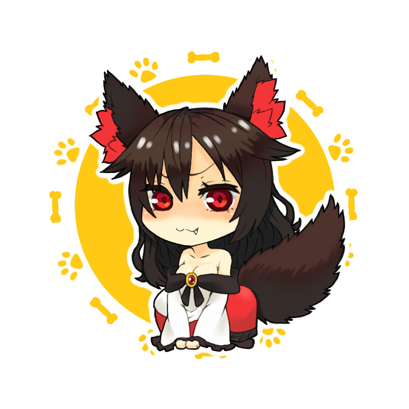 &gt;:3 1girl :3 all_fours animal_ears bone breasts brooch brown_hair chibi cleavage dress fang hair_flaps imaizumi_kagerou jewelry ke-su long_hair off_shoulder paw_print red_eyes solo tail touhou wolf_ears wolf_tail