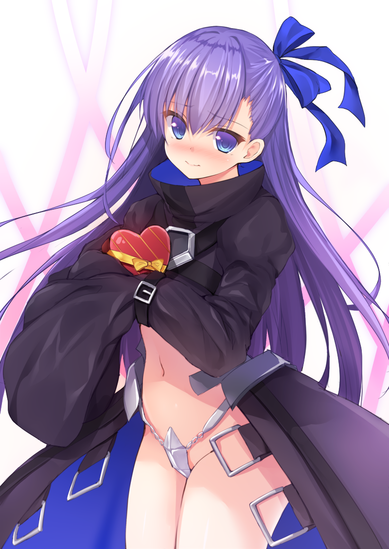 1girl bangs black_coat blue_bow blue_ribbon blush bow box closed_mouth coat commentary_request crotch_plate eyebrows_visible_through_hair fate/extra fate/extra_ccc fate/grand_order fate_(series) gift gift_box hair_between_eyes hair_bow hair_ribbon heart-shaped_box holding holding_gift juliet_sleeves long_hair long_sleeves looking_at_viewer meltlilith navel nose_blush open_clothes open_coat puffy_sleeves purple_hair rennkuu revealing_clothes ribbon sleeves_past_fingers sleeves_past_wrists solo valentine very_long_hair violet_eyes