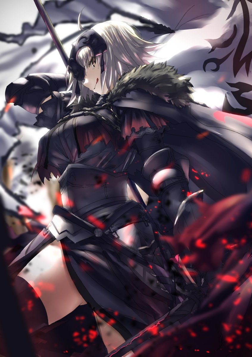 1girl :q armor armored_dress banner black_cape black_dress black_legwear cape dress fate/grand_order fate_(series) fur_trim gauntlets highres holding holding_weapon jeanne_d'arc_(alter)_(fate) jeanne_d'arc_(fate)_(all) looking_at_viewer silver_hair solo thigh-highs tongue tongue_out tsuuhan weapon yellow_eyes