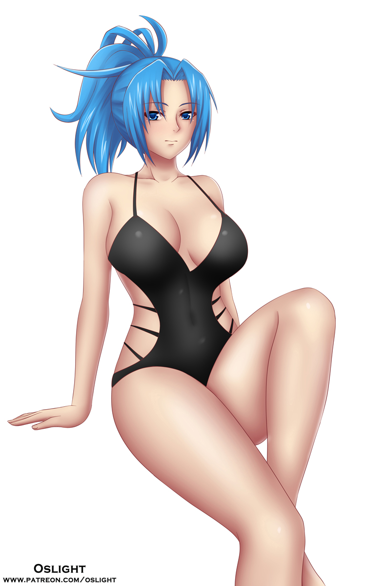 artist_name black_swimsuit blue_eyes blue_hair breasts highres large_breasts leona_heidern light_blush looking_at_viewer medium_hair one-piece_swimsuit oslight patreon_username ponytail simple_background sitting snk swimsuit the_king_of_fighters watermark web_address white_background