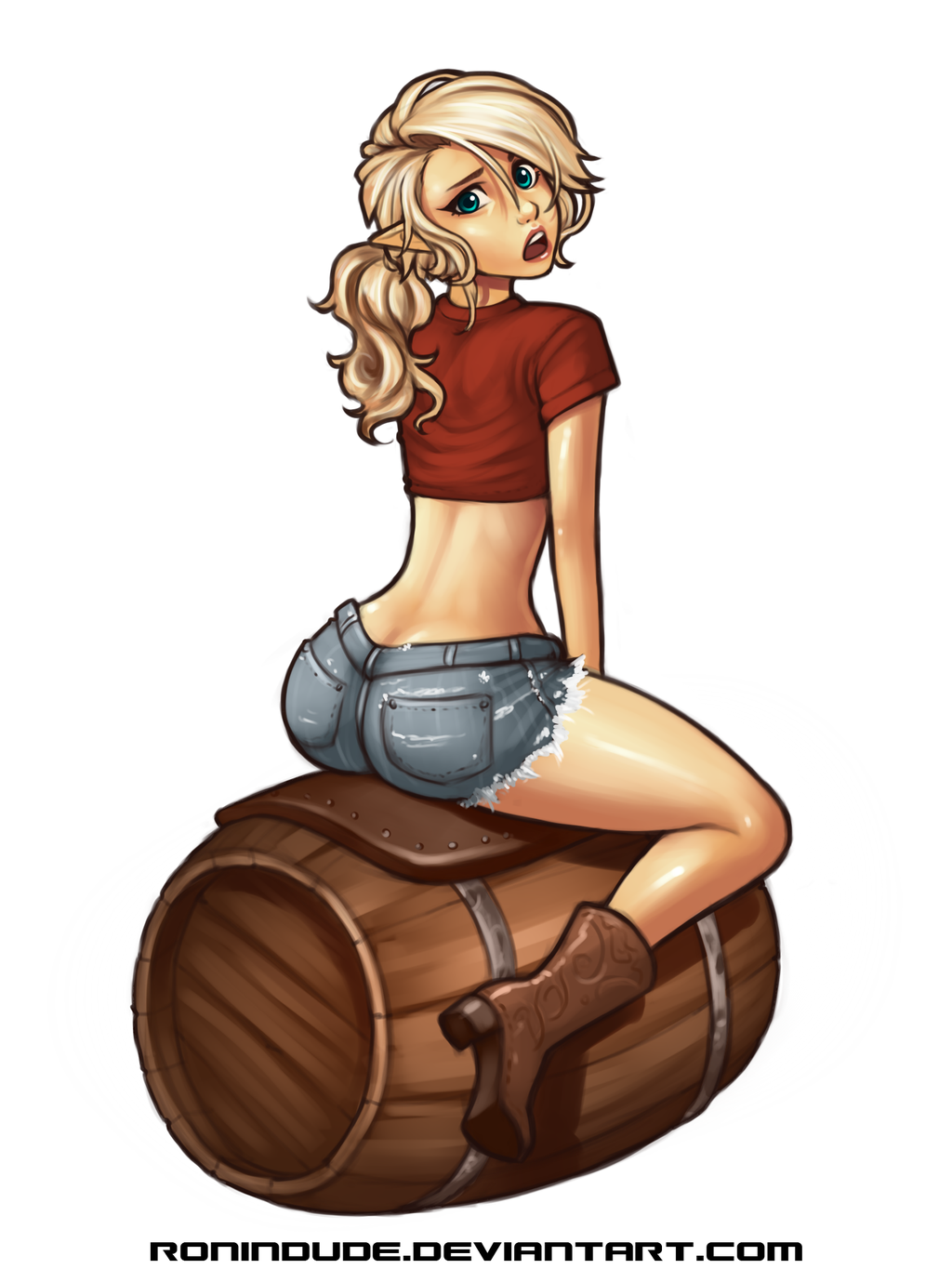 1girl bangs barrel blonde_hair blue_eyes boots commentary cowboy_boots crop_top cutoffs denim denim_shorts elf full_body highres lips looking_at_viewer looking_back midriff open_mouth original pointy_ears ponytail ronindude sassy_(ronindude) shorts solo straddling swept_bangs watermark web_address