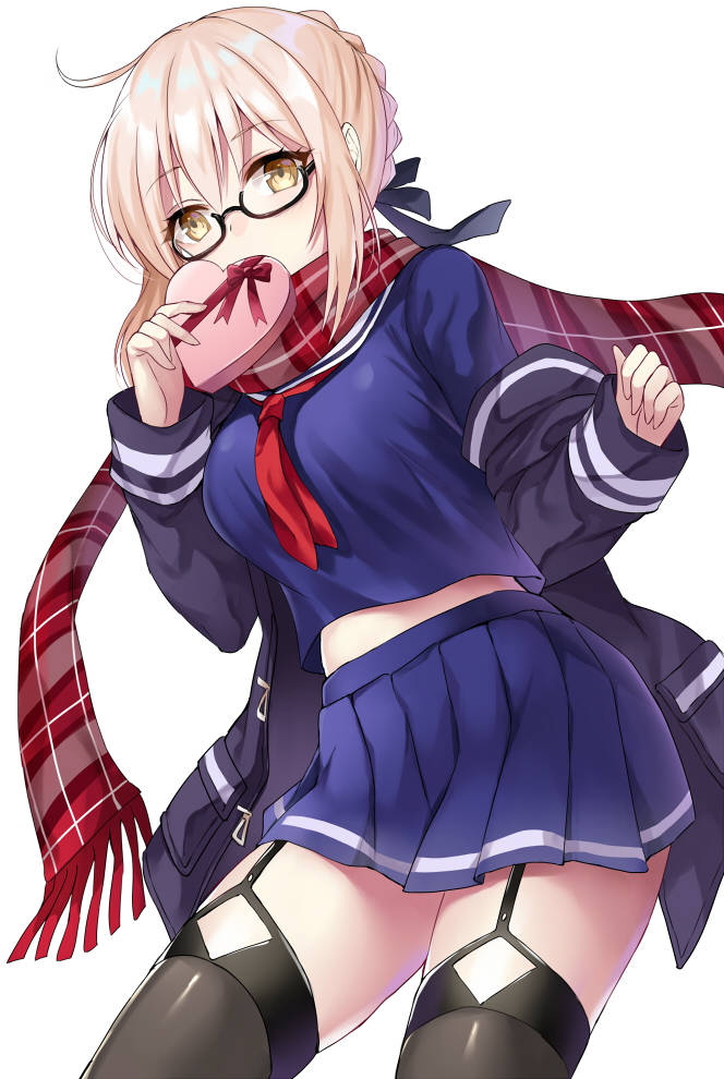 1girl artoria_pendragon_(all) black-framed_eyewear black_legwear black_ribbon blonde_hair blue_shirt blue_skirt braid breasts coat eyebrows_visible_through_hair fate/grand_order fate_(series) french_braid garter_straps harimoji heart-shaped_box looking_at_viewer medium_breasts mysterious_heroine_x_(alter) open_clothes open_coat plaid plaid_scarf pleated_skirt red_scarf ribbon scarf school_uniform semi-rimless_eyewear serafuku shiny shiny_hair shirt sidelocks skirt skirt_set standing thigh-highs under-rim_eyewear valentine white_background yellow_eyes