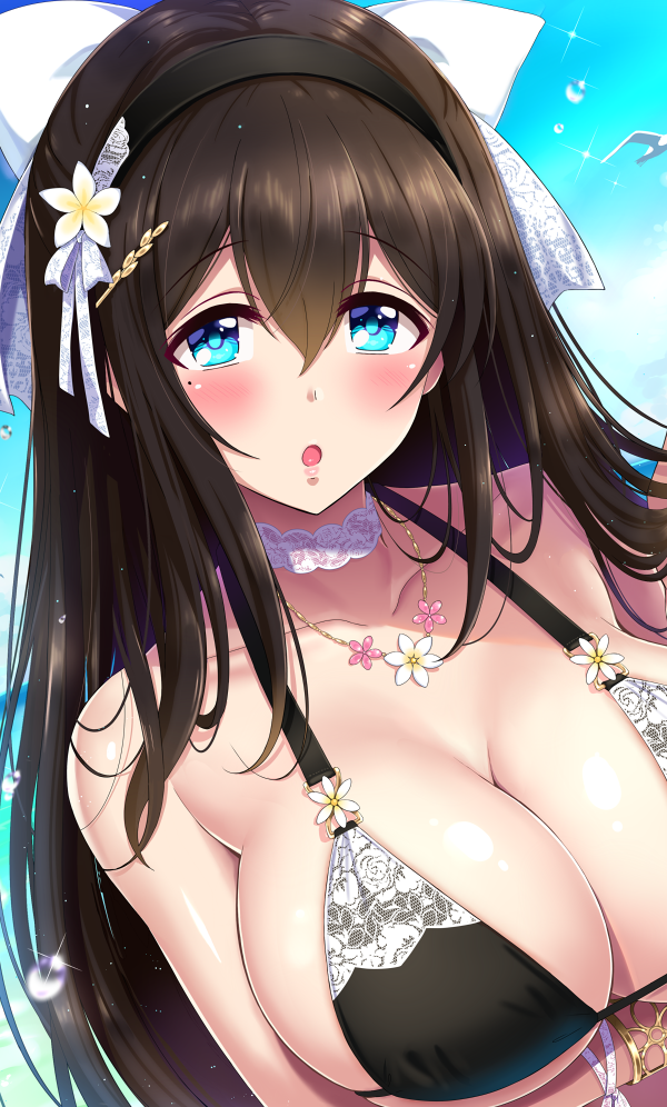 1girl animal bangs bird black_bikini_top black_hair black_hairband blue_eyes blue_sky blush bow breast_hold breasts choker cleavage collarbone day eyebrows_visible_through_hair flower hair_between_eyes hair_bow hair_flower hair_ornament hairband idolmaster idolmaster_cinderella_girls jewel_(the_black_canvas) jewelry large_breasts looking_at_viewer mole mole_under_eye necklace open_mouth outdoors sagisawa_fumika seagull sky solo upper_body water water_drop white_bow white_choker