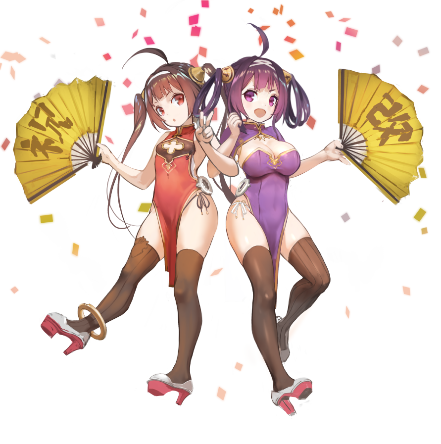 2girls :d :o ahoge azur_lane bangs blush breasts brown_hair brown_legwear china_dress chinese_clothes confetti dress fan folding_fan full_body ha2ru hair_rings hairband high_heels large_breasts locked_arms long_hair looking_at_viewer mismatched_legwear multiple_girls ning_hai_(azur_lane) open_mouth pelvic_curtain ping_hai_(azur_lane) purple_hair red_eyes side_slit simple_background small_breasts smile striped striped_legwear thigh-highs twintails v vertical-striped_legwear vertical_stripes violet_eyes white_background