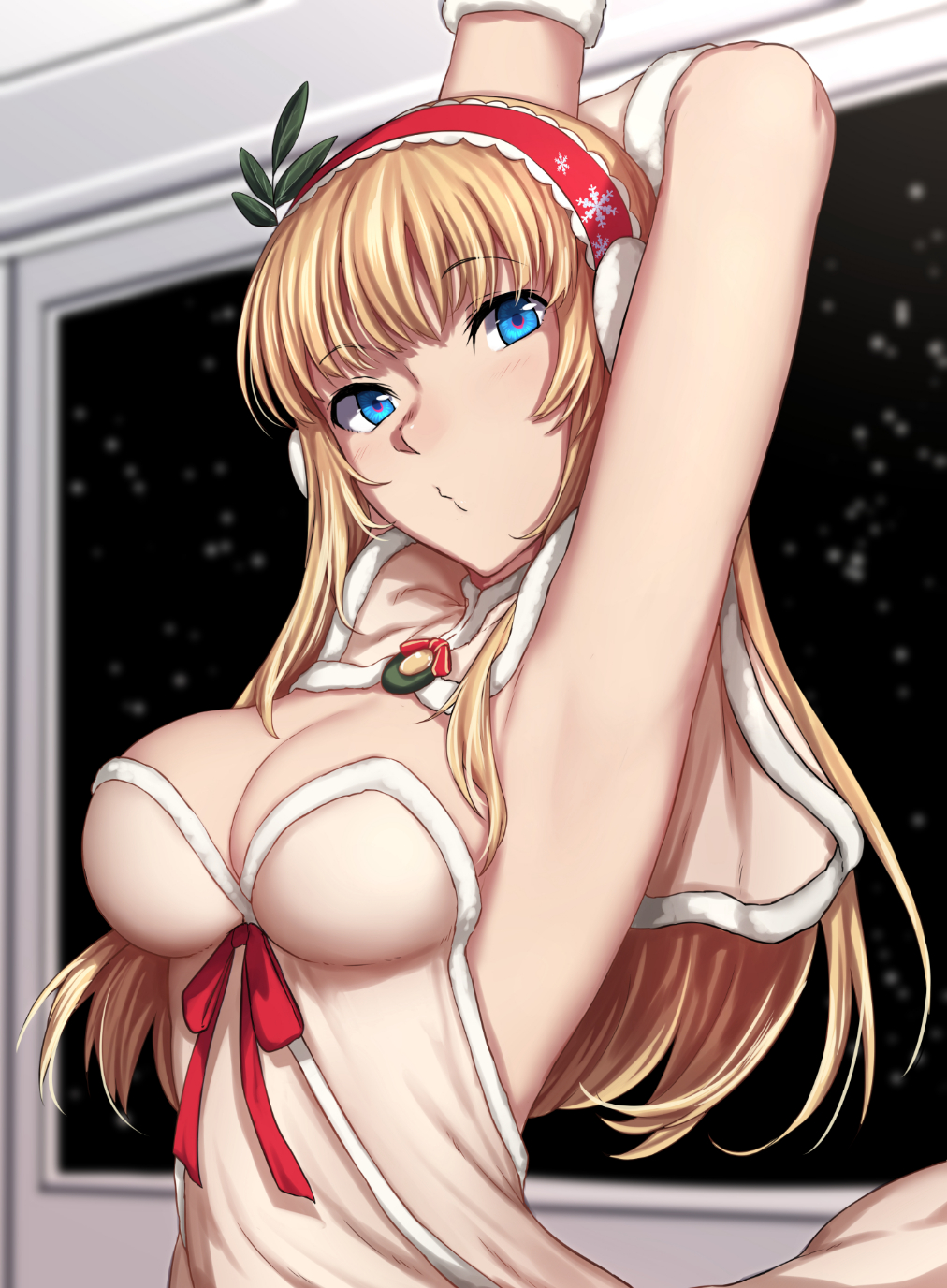 1girl armpits arms_up bangs blonde_hair blue_eyes breasts cleavage commentary_request eyebrows_visible_through_hair highres ivlish_(star_ocean) large_breasts long_hair sblack solo standing star_ocean