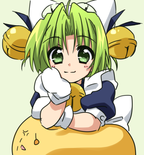 1girl animal_hat apron bell blush_stickers cat_hat chin_rest dejiko di_gi_charat gema gloves green_eyes green_hair hair_bell hair_ornament hat jingle_bell looking_at_viewer maid_apron paw_gloves paws puchiko short_hair smile tatsuko_(tat88)