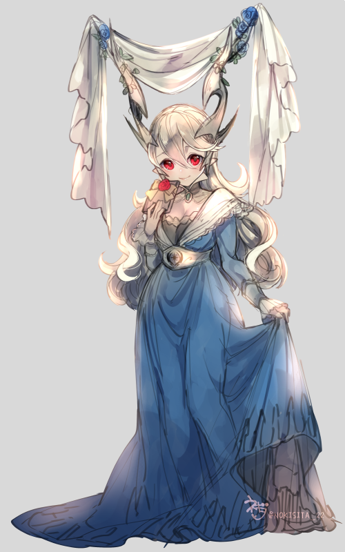 1girl breasts chocolate dress female_my_unit_(fire_emblem_if) fire_emblem fire_emblem_if hairband horns long_hair looking_at_viewer mamkute my_unit_(fire_emblem_if) negiwo pointy_ears red_eyes simple_background smile solo white_hair wings