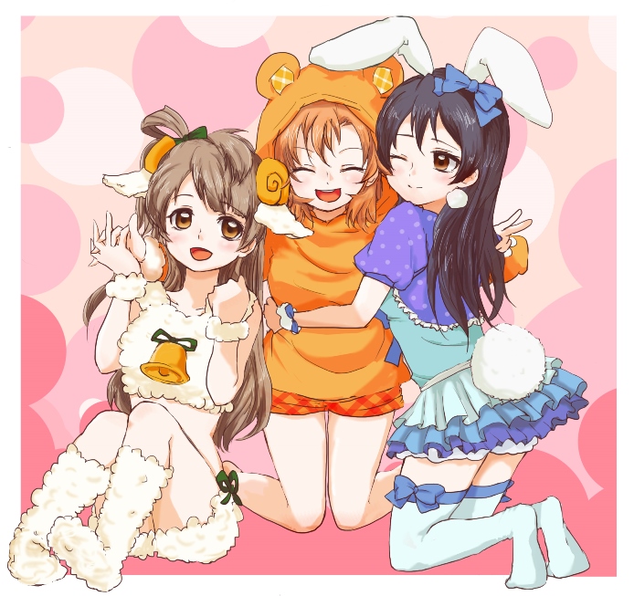 3girls animal_costume animal_ears artist_request bangs bear_costume bell bell_collar blue_hair blue_legwear bunny_costume bunny_tail closed_eyes collar commentary_request grey_hair hair_between_eyes horns kneeling kousaka_honoka long_hair looking_at_viewer love_live! love_live!_school_idol_project minami_kotori multiple_girls one_eye_closed one_side_up open_mouth orange_hair rabbit_ears ribbon sheep_costume sheep_ears sheep_horns simple_background sitting smile sonoda_umi tail thigh-highs yellow_eyes