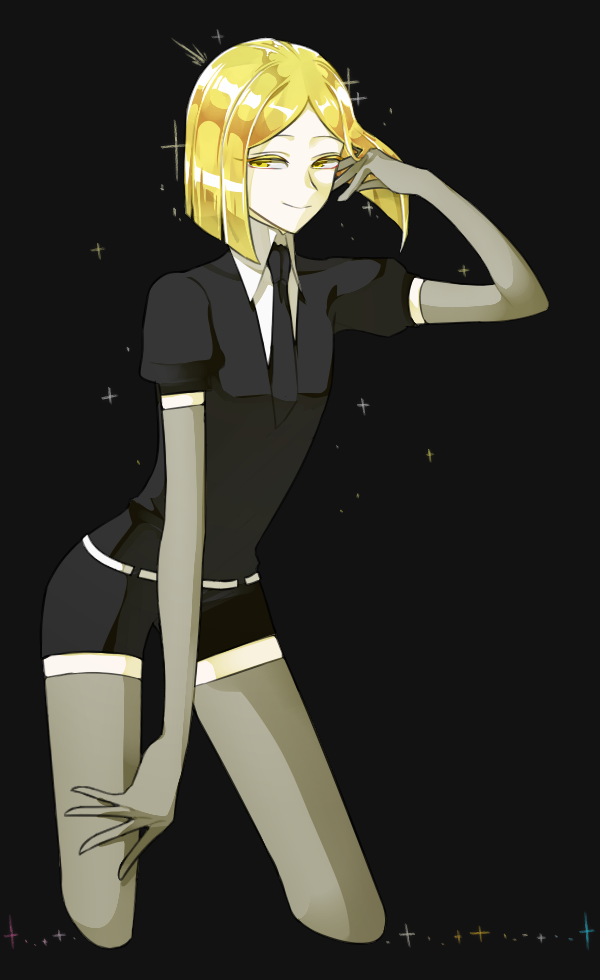 androgynous blonde_hair elbow_gloves flipped_hair gem_uniform_(houseki_no_kuni) gloves houseki_no_kuni looking_at_viewer necktie short_hair shorts smile solo sparkle thigh-highs yellow_diamond_(houseki_no_kuni) yellow_eyes