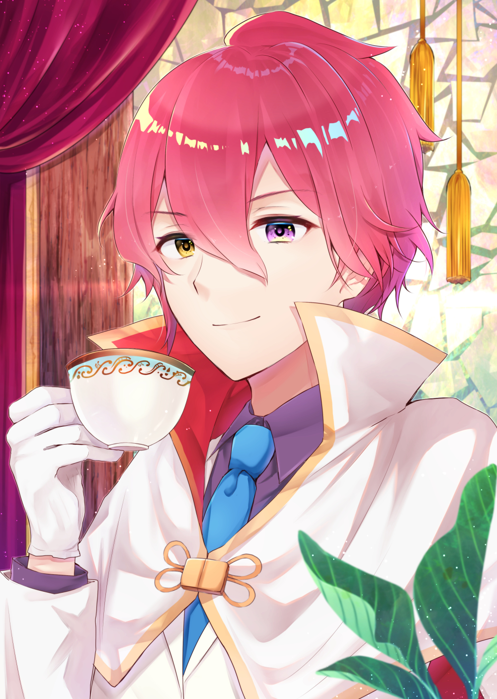 1boy bangs blue_neckwear cape closed_mouth collared_shirt commentary_request cup curtains eyebrows_visible_through_hair gloves hair_between_eyes heterochromia highres holding holding_cup indoors jacket kannabe_ayumu long_sleeves looking_at_viewer male_focus necktie pink_hair purple_shirt ryuuou_no_oshigoto! shiarisu shirt smile solo teacup violet_eyes white_cape white_gloves white_jacket yellow_eyes