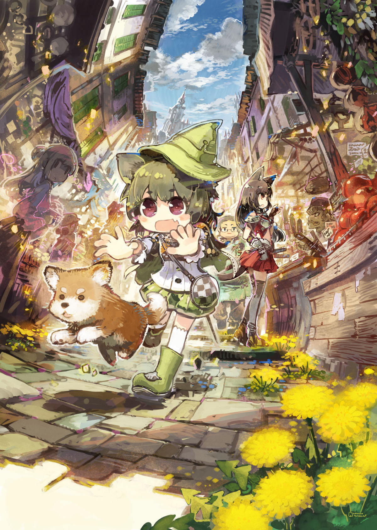 animal animal_ears armor black_hair blue_sky blush_stickers boots brown_eyes cat_ears clouds dog fang fantasy flower groundsel hat highres konno_takashi market open_mouth original red_eyes scenery shiba_inu shorts skirt sky smile tail tomato violet_eyes