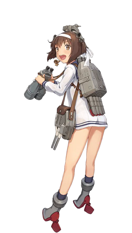 1girl :d back bag binoculars boots brown_eyes brown_hair cannon dress full_body headset high_heels kantai_collection looking_back official_art open_mouth panties rudder_shoes sailor_dress see-through shizuma_yoshinori short_hair smile solo speaking_tube_headset torpedo transparent_background turret underwear white_panties yukikaze_(kantai_collection)