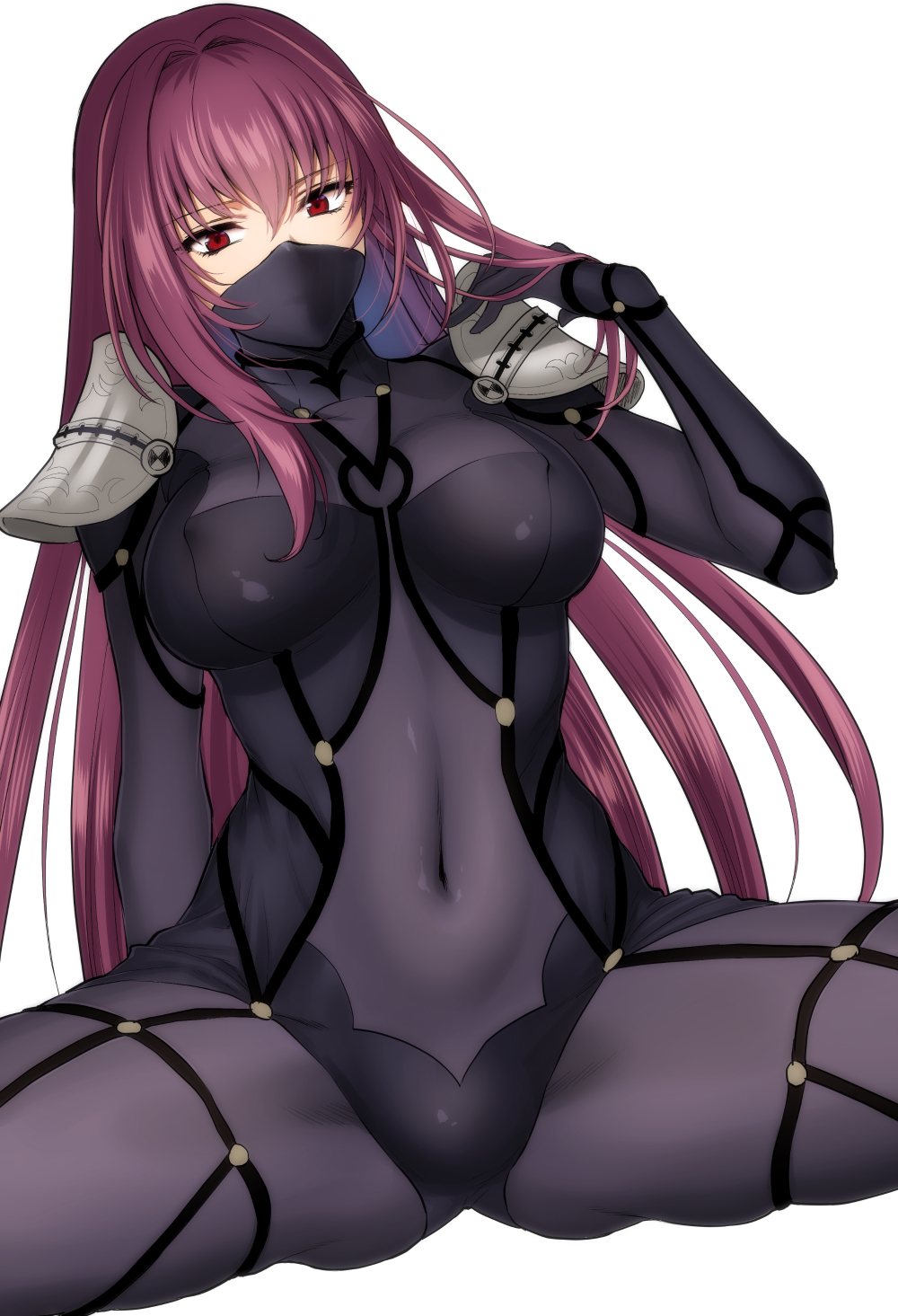 1girl arm_at_side arm_support armor bodysuit breasts covered_mouth covered_navel cowboy_shot eyebrows_visible_through_hair fate/grand_order fate_(series) hair_between_eyes hair_intakes hand_in_hair highres large_breasts long_hair looking_at_viewer pauldrons purple_bodysuit purple_hair red_eyes scathach_(fate/grand_order) shoukaki_(earthean) shoulder_armor sidelocks sitting spread_legs sweater turtleneck turtleneck_sweater