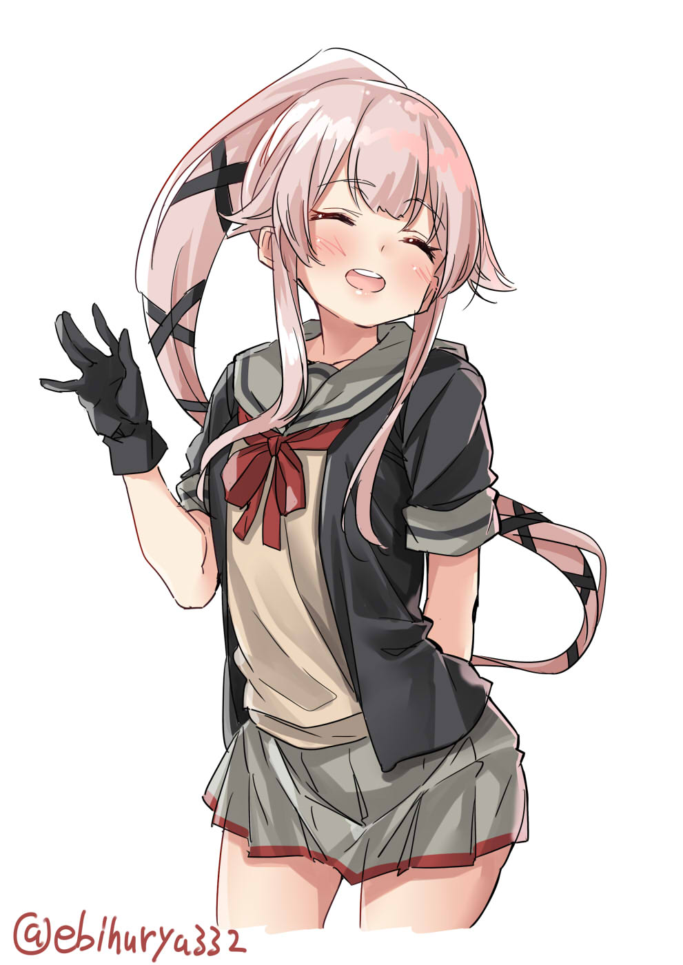 1girl black_gloves black_jacket black_ribbon closed_eyes cowboy_shot ebifurya gloves grey_sailor_collar grey_skirt hair_flaps hair_ribbon highres jacket kantai_collection long_hair neck_ribbon open_mouth partly_fingerless_gloves pink_hair ponytail red_ribbon remodel_(kantai_collection) ribbon sailor_collar school_uniform serafuku short_sleeves side_ponytail simple_background skirt solo twitter_username very_long_hair white_background yura_(kantai_collection)