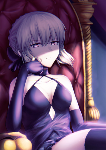 1girl artoria_pendragon_(all) black_dress black_gloves black_legwear breasts chin_rest cleavage collarbone cutout dress elbow_gloves eyebrows_visible_through_hair fal fate/stay_night fate_(series) gloves hair_between_eyes lowres medium_breasts saber_alter short_hair silver_hair sitting sleeveless sleeveless_dress solo thigh-highs