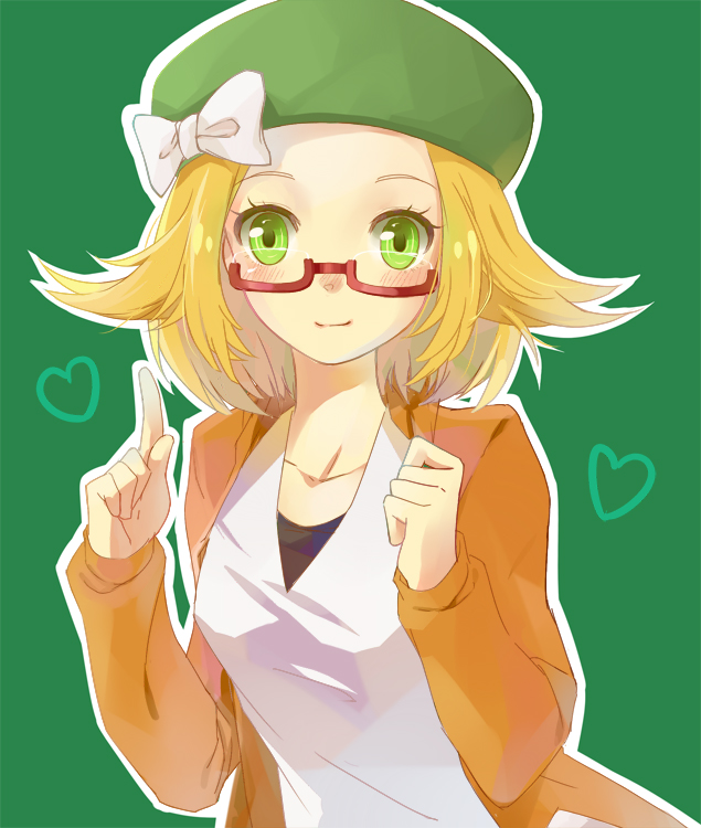 1girl bel_(pokemon) beret blonde_hair blush breasts commentary_request dress flipped_hair green_eyes green_hat hat medium_hair pokemon pokemon_(game) pokemon_bw2 solo zyllion