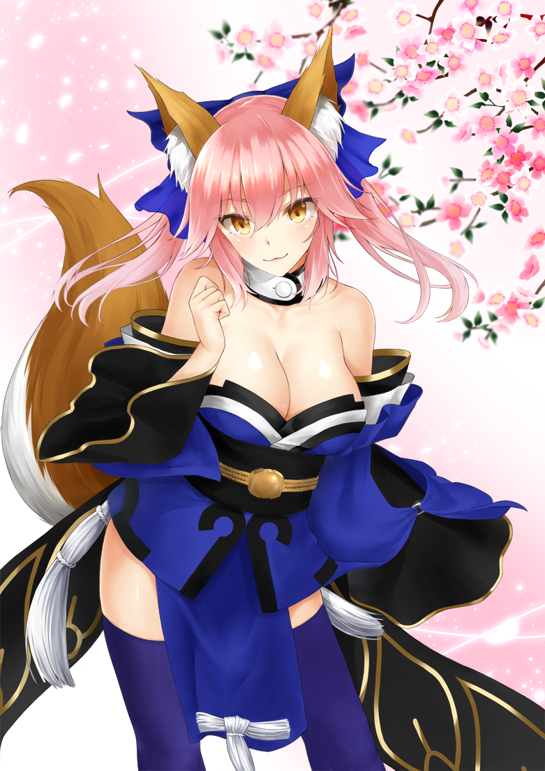 1girl :3 animal_ears bangs bare_shoulders blue_bow blue_legwear blush bow breasts cherry_blossoms cleavage closed_mouth collarbone cowboy_shot detached_sleeves fate/extra fate/grand_order fate_(series) fox_ears fox_tail hair_between_eyes hair_bow japanese_clothes kimono kitagawa_onitarou large_breasts long_hair long_sleeves looking_at_viewer nontraditional_miko obi pink_hair sash smile solo tail tamamo_(fate)_(all) tamamo_no_mae_(fate) thigh-highs tsurime twintails wide_sleeves yellow_eyes
