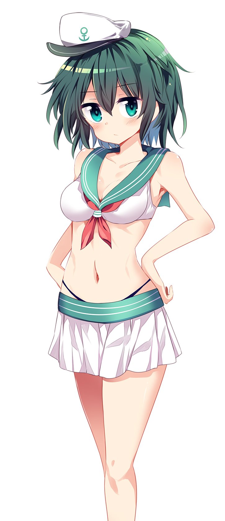 1girl adapted_costume anchor_symbol aqua_eyes bare_arms bare_shoulders bikini_bottom blush breasts cleavage collarbone commentary_request eyebrows_visible_through_hair feet_out_of_frame green_hair hair_between_eyes hand_on_hip hat highres looking_at_viewer maturiuta_sorato medium_breasts murasa_minamitsu navel pleated_skirt red_neckwear sailor_collar sailor_hat short_hair simple_background skirt solo standing touhou white_background white_skirt