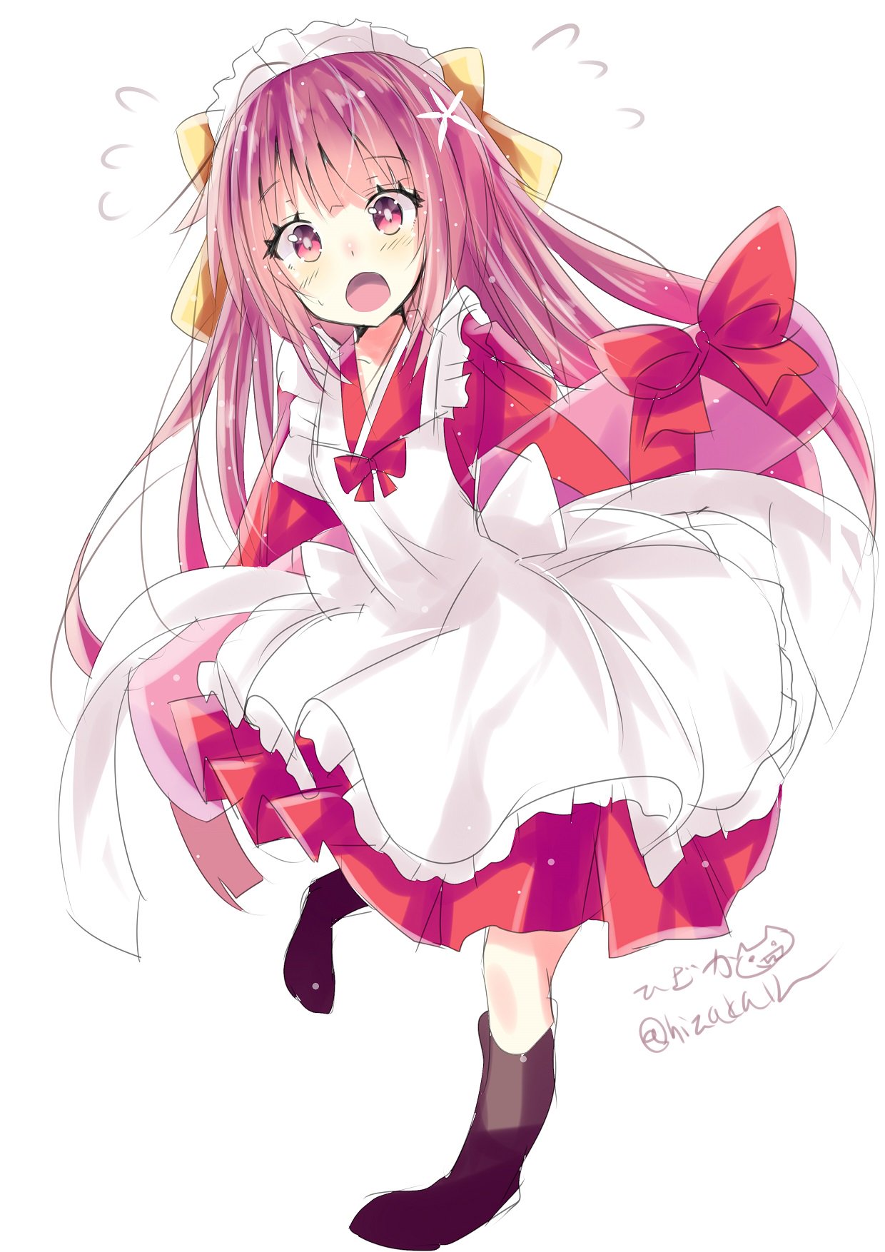 1girl apron blush boots dress highres hizaka kamikaze_(kantai_collection) kantai_collection long_dress long_hair looking_at_viewer maid maid_apron maid_headdress open_mouth pink_eyes pink_hair red_dress remodel_(kantai_collection) shoes simple_background solo very_long_hair white_background