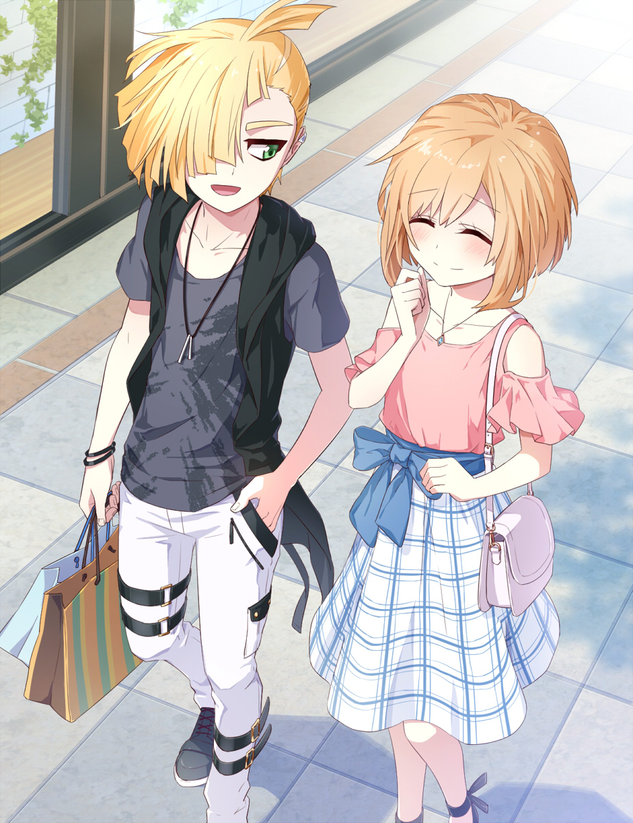1boy 1girl ^_^ alternate_hair_color bag blonde_hair blouse blue_bow blush bow casual closed_eyes collarbone day ear_piercing full_body gladio_(pokemon) half-closed_eyes hand_in_pocket highres jewelry light_brown_hair looking_at_another mizuki_(pokemon_sm) necklace open_mouth outdoors pants piercing plaid pokemon pokemon_(game) pokemon_sm rupinesu shirt shopping short_hair short_sleeves skirt smile walking white_pants