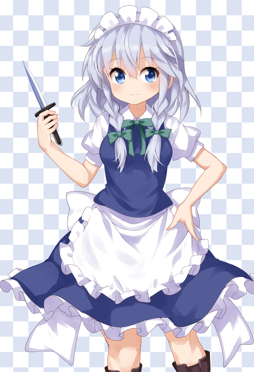 1girl apron blue_background blue_dress blue_eyes boots bow braid breasts brown_footwear checkered checkered_background commentary_request dagger dress feet_out_of_frame frilled_apron frills green_bow green_neckwear green_ribbon hair_bow hand_on_hip highres holding_dagger izayoi_sakuya maid_apron maid_headdress medium_breasts neck_ribbon petticoat puffy_short_sleeves puffy_sleeves ribbon ruu_(tksymkw) short_hair short_sleeves silver_hair solo standing touhou twin_braids weapon white_background