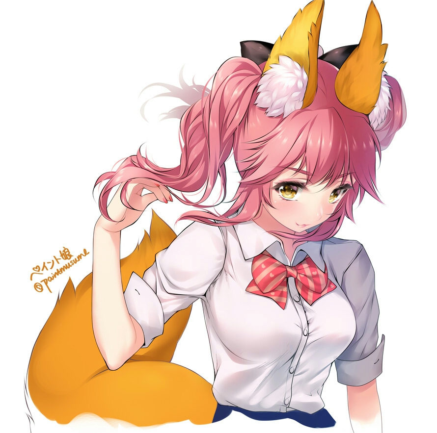 1girl animal_ears black_ribbon breasts fate/extella fate/extra fate_(series) fox_ears fox_tail large_breasts long_hair looking_at_viewer looking_up nail_polish pink_hair ribbon school_uniform shirt simple_background smile solo tail tamamo_(fate)_(all) tamamo_jk_(fate) twintails twitter_username white_background yellow_eyes youqiniang