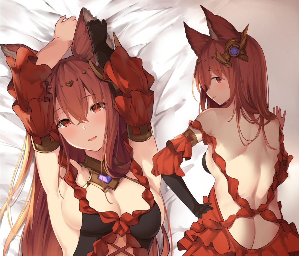 1girl animal_ears anthuria armpits arms_up ass blush breasts closed_mouth erun_(granblue_fantasy) eyebrows_visible_through_hair granblue_fantasy head_tilt long_hair looking_at_viewer looking_back lying medium_breasts multiple_views on_back open_mouth profile red_eyes redhead smile suzuame_yatsumi