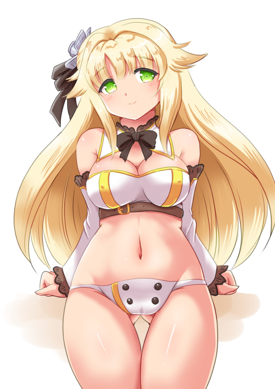 1girl adapted_costume aurora_(azur_lane) azur_lane bikini black_bow bow breasts cleavage commentary_request cowboy_shot detached_collar detached_sleeves gluteal_fold green_eyes hair_flaps long_hair looking_at_viewer navel oborogumo_takamitsu simple_background solo swimsuit thigh_gap very_long_hair white_background white_bikini