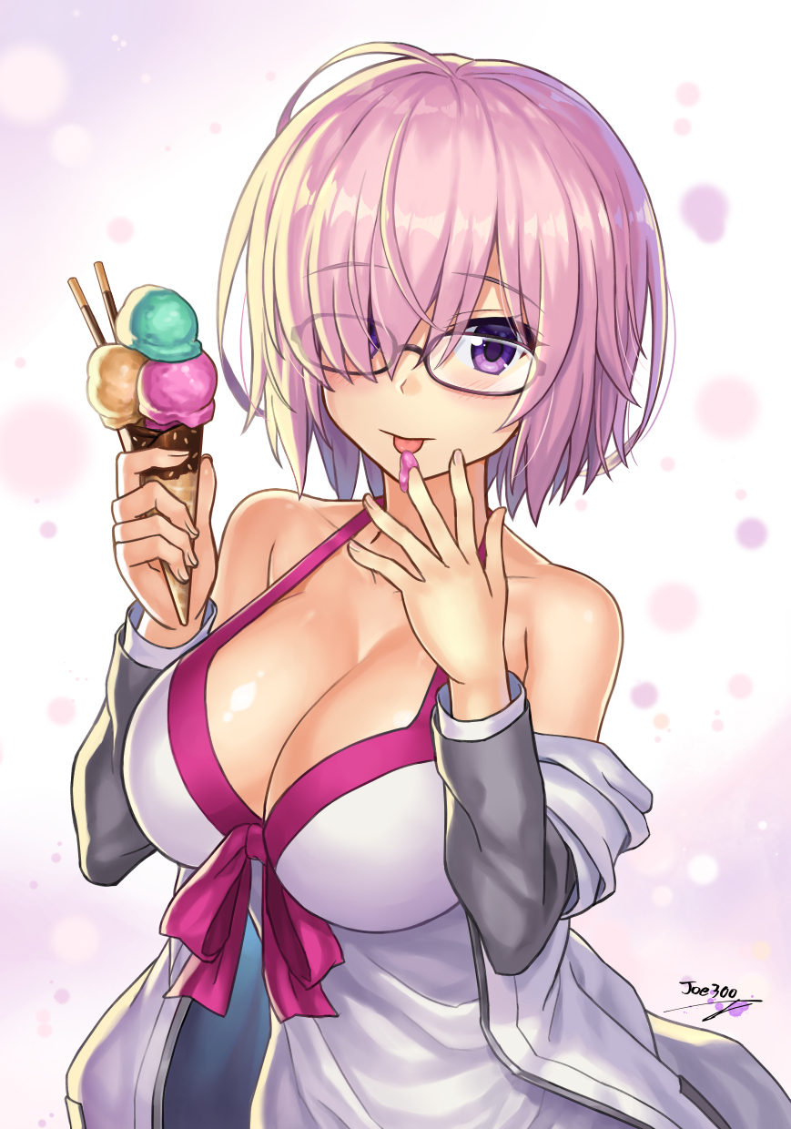 1girl bare_shoulders blush bow bow_swimsuit breasts cleavage collarbone dress dress_swimsuit eyebrows_visible_through_hair fate/grand_order fate_(series) glasses hair_over_one_eye highres ice_cream_cone large_breasts lavender_hair licking light_particles looking_at_viewer mash_kyrielight npcpepper pink_bow shielder_(fate/grand_order) shiny shiny_hair shiny_skin short_hair sleeveless sleeveless_dress solo swimsuit swimsuit_of_perpetual_summer violet_eyes white_swimsuit