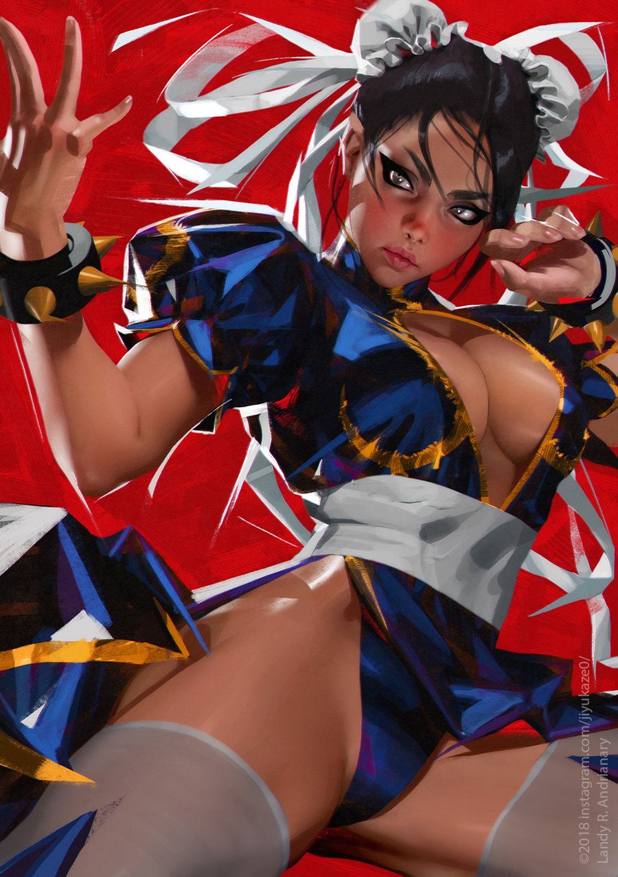1girl bracelet breasts bun_cover chinese_clothes chun-li cleavage double_bun fighting_stance gluteal_fold highres jewelry jiyu_kaze looking_at_viewer medium_breasts no_bra panties red_background serious solo spiked_bracelet spikes street_fighter thigh-highs underwear white_legwear