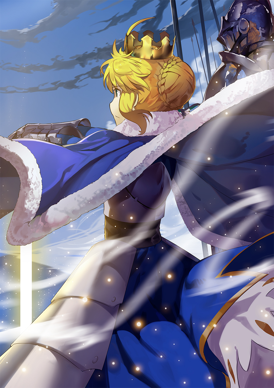 1girl armor armored_dress artoria_pendragon_(all) blonde_hair blue_cape blue_dress blue_sky cape day dress fate/stay_night fate_(series) gauntlets green_eyes highres nanaya_(daaijianglin) outdoors saber short_hair_with_long_locks sidelocks sky solo_focus