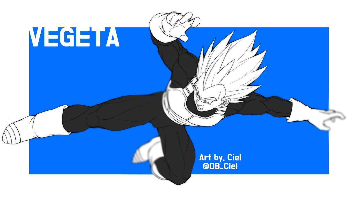 1boy armor artist_name blue_background boots character_name commentary dragon_ball dragonball_z fighting_stance frame frown gloves kicking looking_away male_focus monochrome open_mouth outstretched_arms simple_background spiky_hair twitter_username vegeta white_background