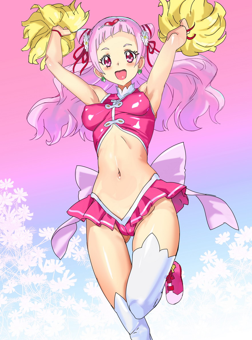 1girl arms_up blush breasts cheerleader crop_top cure_yell flower hair_flower hair_ornament hair_ribbon hugtto!_precure jewelry long_hair looking_at_viewer magical_girl medium_breasts midriff miniskirt navel nono_hana ontaros pink_eyes pink_hair pink_skirt pom_poms precure ribbon shiny shiny_hair shiny_skin skirt sleeveless smile solo