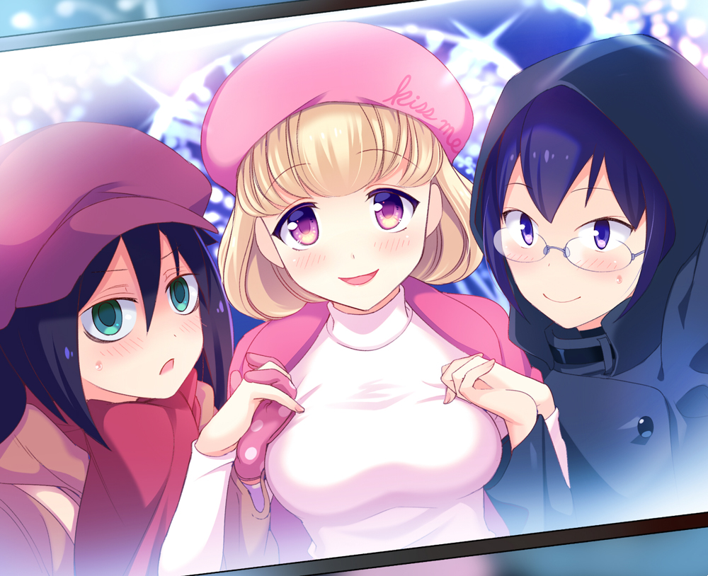 3girls :d bags_under_eyes beret black_hair blonde_hair blue_eyes blue_hair blush breasts cabbie_hat christmas coat commentary_request cursive english girl_sandwich glasses gloves green_eyes hakka0320 hand_holding hat headwear_writing hooded_coat komiyama_kotomi kuroki_tomoko large_breasts multiple_girls naruse_yuu open_mouth pink_eyes pink_gloves pink_hat polka_dot polka_dot_gloves sandwiched short_hair smile sweatdrop triangle_mouth turtleneck watashi_ga_motenai_no_wa_dou_kangaetemo_omaera_ga_warui!