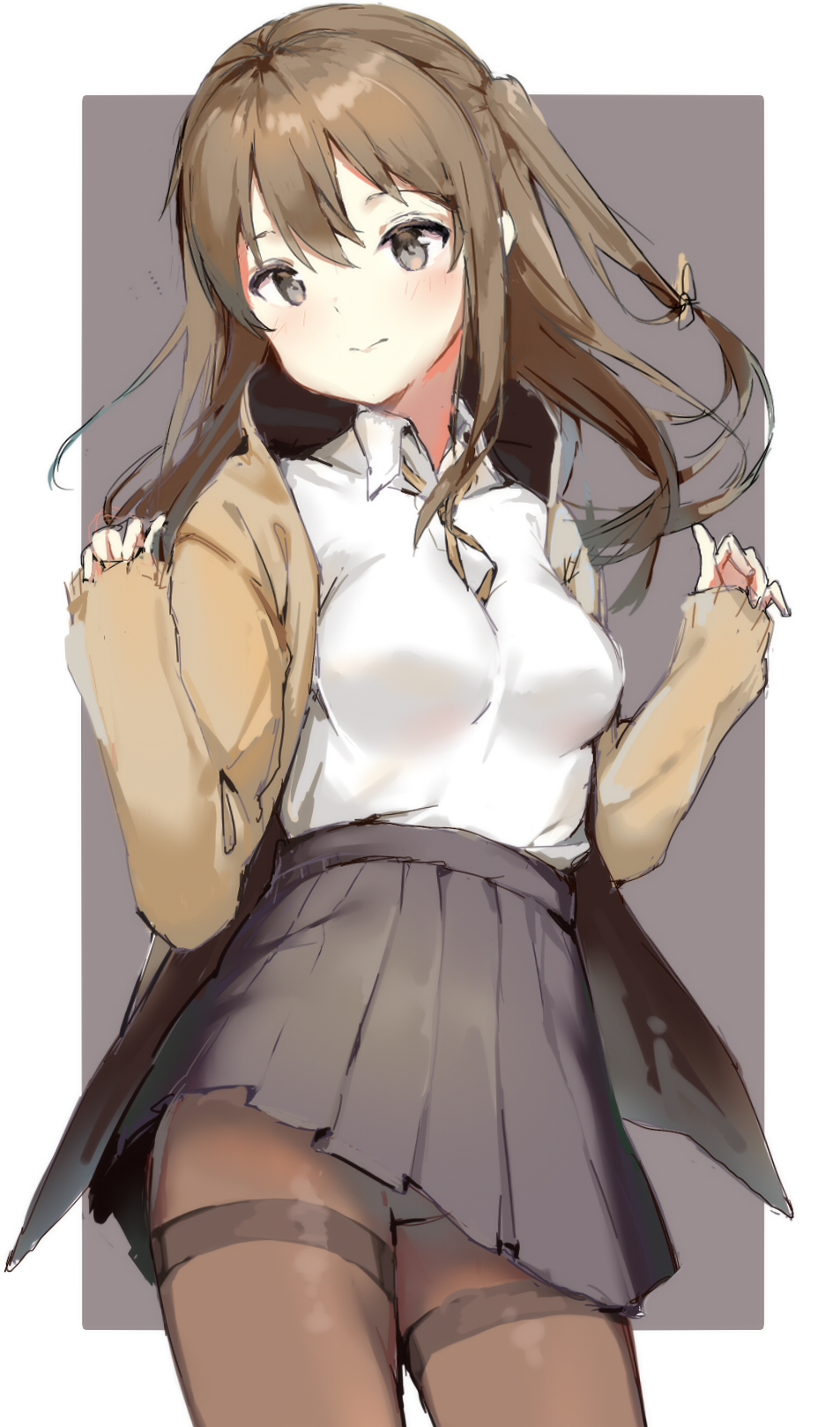 ... 1girl bangs black_skirt blush breasts brown_eyes brown_hair brown_jacket brown_legwear brown_ribbon closed_mouth collared_shirt cowboy_shot girls_frontline grey_background hair_ribbon head_tilt highres jacket k-2_(girls_frontline) long_hair looking_at_viewer medium_breasts nather open_clothes open_jacket pantyhose pleated_skirt ribbon shirt shirt_tucked_in simple_background sketch skirt sleeves_past_wrists smile solo standing tareme thighband_pantyhose wing_collar