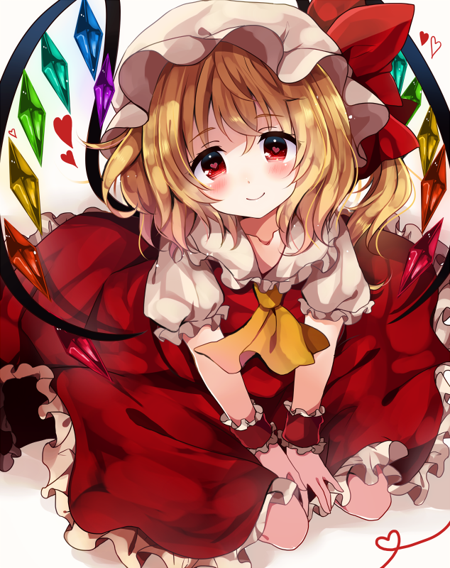 1girl ascot blonde_hair blush bow closed_mouth collarbone crystal dress flandre_scarlet hat hat_bow heart heart-shaped_pupils looking_at_viewer mob_cap puffy_short_sleeves puffy_sleeves red_bow red_dress red_eyes short_hair short_sleeves side_ponytail sitting smile solo symbol-shaped_pupils touhou uguisu_mochi_(ykss35) wings wrist_cuffs