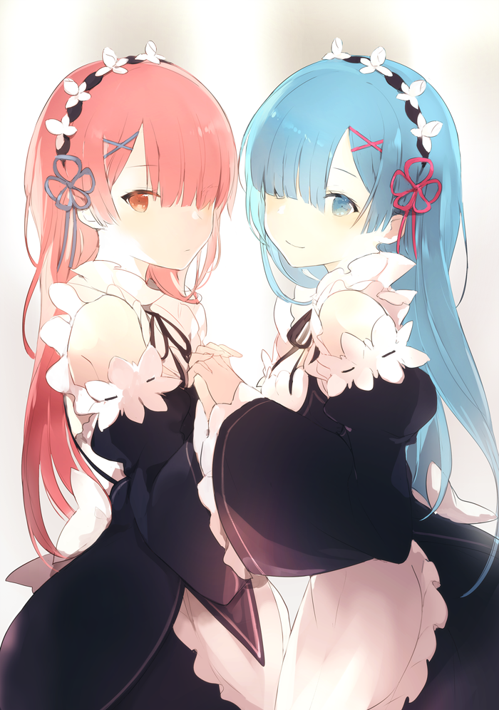 2girls apron bare_shoulders black_dress black_ribbon blue_eyes blue_hair bow closed_mouth commentary_request detached_sleeves dress frilled_apron frills from_side hair_ornament interlocked_fingers looking_at_viewer lpip maid_apron maid_headdress multiple_girls orange_eyes pink_hair ram_(re:zero) re:zero_kara_hajimeru_isekai_seikatsu rem_(re:zero) ribbon ribbon-trimmed_sleeves ribbon_trim siblings sisters smile standing twins white_apron white_bow wide_sleeves x_hair_ornament