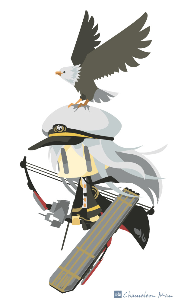 1girl artist_name azur_lane bald_eagle bird bow_(weapon) chameleon_man_(three) chibi commentary_request compound_bow eagle enterprise_(azur_lane) flat_cap flat_color flight_deck full_body grey_eyes hat jacket long_hair long_sleeves no_mouth simple_background weapon white_background white_hair