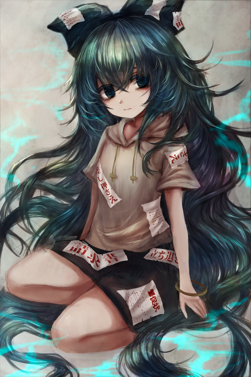 1girl aqua_bow aura bags_under_eyes bangle black_skirt blue_eyes blue_hair bow bracelet brown_shirt closed_mouth commentary_request debt expressionless grey_hoodie hair_between_eyes hair_bow highres hood hood_down hoodie jewelry long_hair looking_at_viewer maho_moco messy_hair seiza shiny shiny_hair shirt short_sleeves sitting skirt solo touhou very_long_hair yorigami_shion