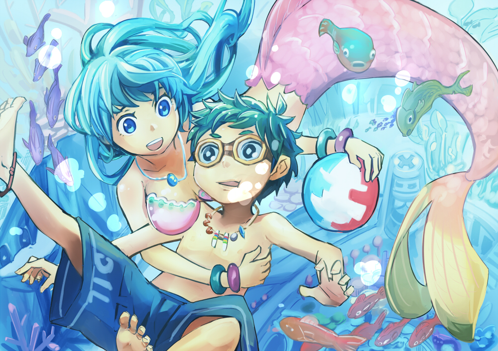 1boy 1girl black_hair blue_eyes blue_hair breasts fantasy fish geetgeet goggles large_breasts male_swimwear mermaid monster_girl original swim_trunks swimwear underwater