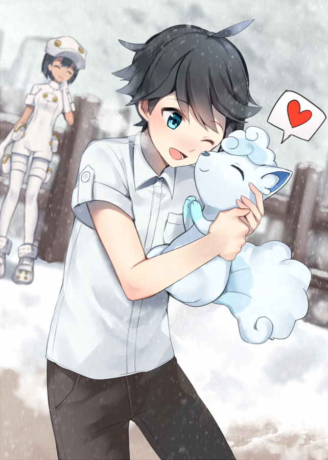 1boy 1girl aether_foundation_employee aether_foundation_uniform alola_form alolan_vulpix black_hair blue_eyes cabbie_hat closed_eyes dark_skin fence gloves hat heart one_eye_closed open_mouth pokemon pokemon_(creature) pokemon_(game) pokemon_ultra_sm shirt short_sleeves snow white_gloves white_shirt wooden_fence you_(pokemon_ultra_sm) yuhi_(hssh_6)