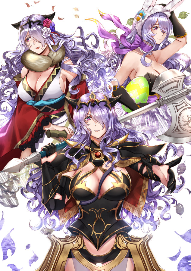 1girl animal_ears armor axe breasts camilla_(fire_emblem_if) cleavage easter_egg egg fire_emblem fire_emblem_heroes fire_emblem_if fire_emblem_musou flower hair_flower hair_ornament japanese_clothes kimono long_hair looking_at_viewer multiple_persona purple_hair rabbit_ears smile tiara very_long_hair wani_(fadgrith)