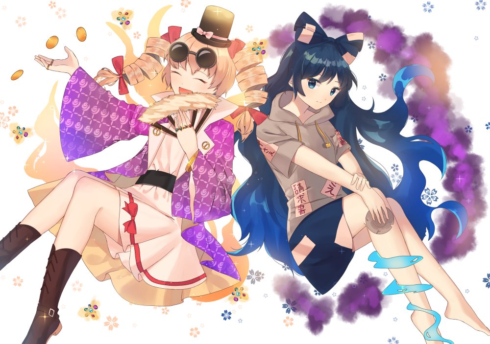 2girls aura barefoot black_hat blue_bow blue_eyes blue_hair boots bow bowl broken brown_hair closed_eyes commentary_request crack dark_aura drill_hair eyewear_on_head facing_viewer fan firstnoha floating folding_fan gem hair_bow hat hat_bow hat_ribbon holding holding_bowl holding_fan hood hood_down hoodie jacket jewelry long_hair long_sleeves looking_at_viewer multiple_girls ofuda open_clothes open_jacket open_mouth pink_bow pink_ribbon purple_jacket red_bow ribbon ring short_sleeves siblings sisters skirt smile sunglasses touhou twin_drills very_long_hair wide_sleeves yorigami_jo'on yorigami_shion