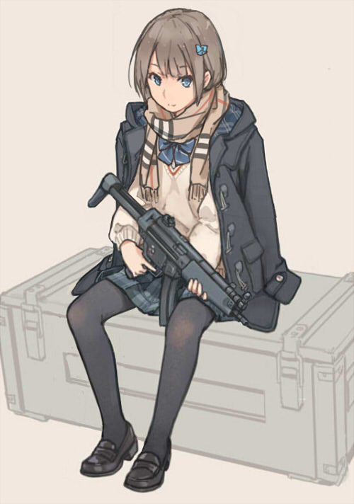 1girl blue_eyes brown_hair crate gun h&amp;k_mp5 heckler_&amp;_koch holding holding_gun holding_weapon jacket_on_shoulders loafers original pantyhose plaid plaid_skirt scarf school_uniform shoes simple_background sitting skirt solo submachine_gun trigger_discipline weapon xiao_qiang_(overseas)