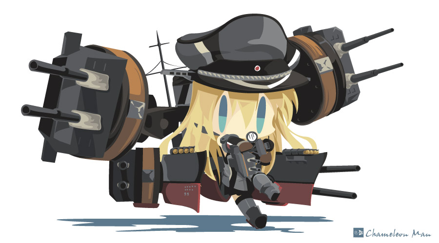 1girl artist_name bismarck_(kantai_collection) blonde_hair blue_eyes cannon chameleon_man_(three) chibi full_body hat kantai_collection long_hair no_mouth peaked_cap remodel_(kantai_collection) rigging simple_background solo standing standing_on_one_leg turret white_background