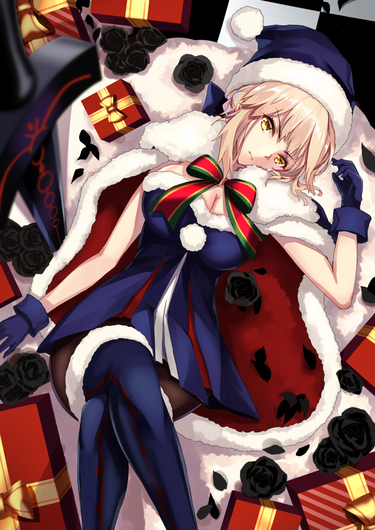 1girl artoria_pendragon_(all) augu_(523764197) black_flower black_legwear blonde_hair blue_dress blue_footwear blue_gloves blue_santa_costume boots box breasts cape cleavage dress eyebrows_visible_through_hair fate/grand_order fate_(series) flower from_above fur_trim gift gift_box gloves hat head_tilt large_breasts legs_crossed lying on_back pantyhose pleated_dress santa_alter santa_costume santa_hat short_dress sidelocks solo strapless strapless_dress thigh-highs thigh_boots tied_hair yellow_eyes