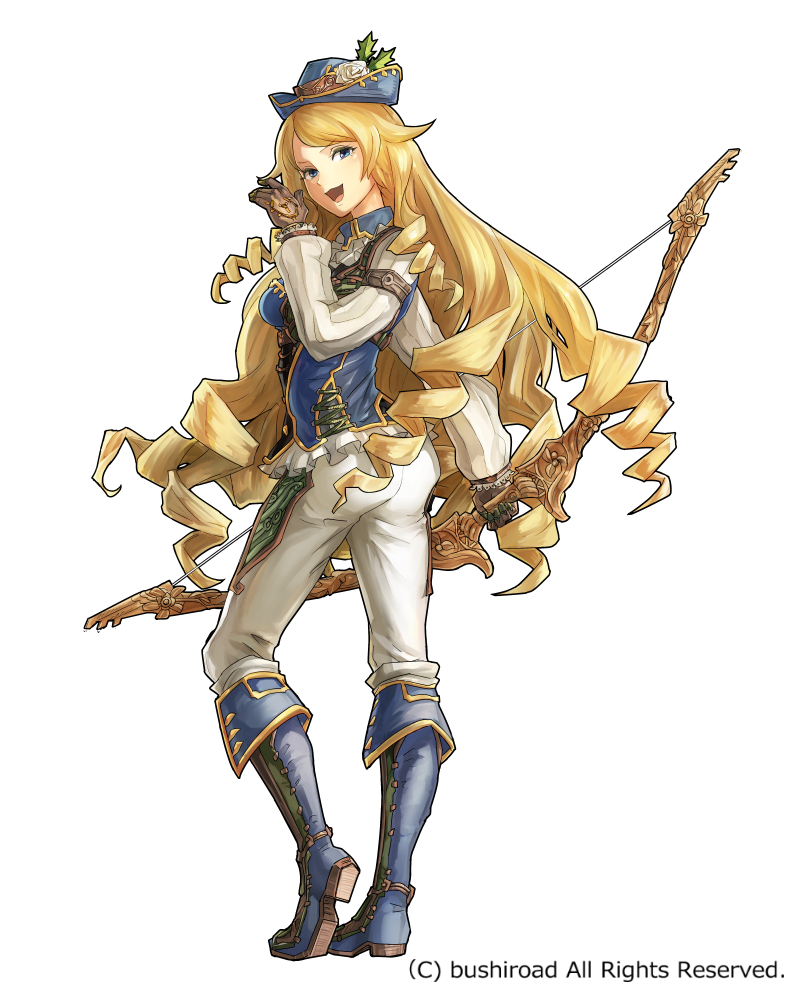 1girl blonde_hair blue_eyes boots bow_(weapon) copyright_request drill_hair geetgeet gloves hat holding holding_bow_(weapon) holding_weapon knee_boots long_hair official_art solo very_long_hair weapon white_background