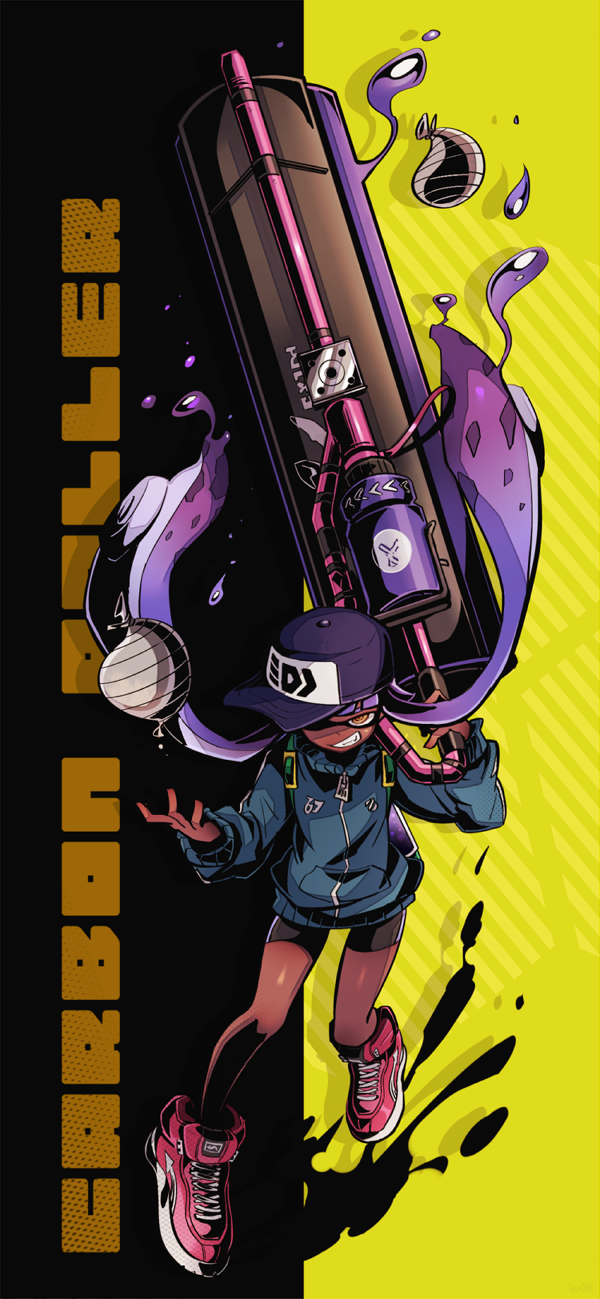 1girl bangs baseball_cap bike_shorts black_hat black_shorts black_skirt blunt_bangs burst_bomb_(splatoon) carbon_roller_(splatoon) commentary_request cross-laced_footwear domino_mask english full_body green_jacket grin hat hat_over_one_eye high_tops highres holding holding_weapon ink_tank_(splatoon) inkling inkling_(language) jacket keijou_(cave) long_hair long_sleeves looking_at_viewer mask orange_eyes paint_splatter pointy_ears purple_hair red_footwear sharp_teeth shoes shorts single_vertical_stripe skirt smile solo splatoon splatoon_1 standing standing_on_one_leg teeth tentacle_hair weapon