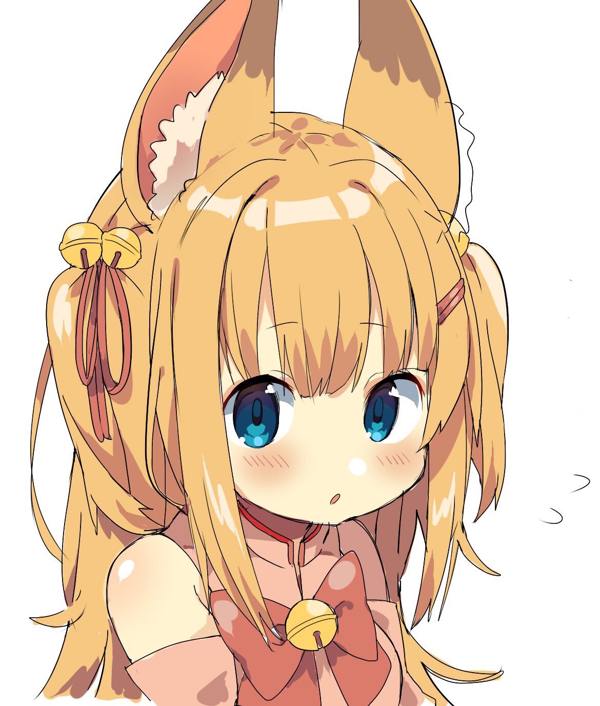 1girl :o animal_ears bare_shoulders bell blue_eyes blush fox_ears fox_girl highres jingle_bell kemomimi_vr_channel looking_at_viewer mikoko_(kemomimi_vr_channel) open_mouth orange_hair pochi_pochino red_neckwear simple_background white_background